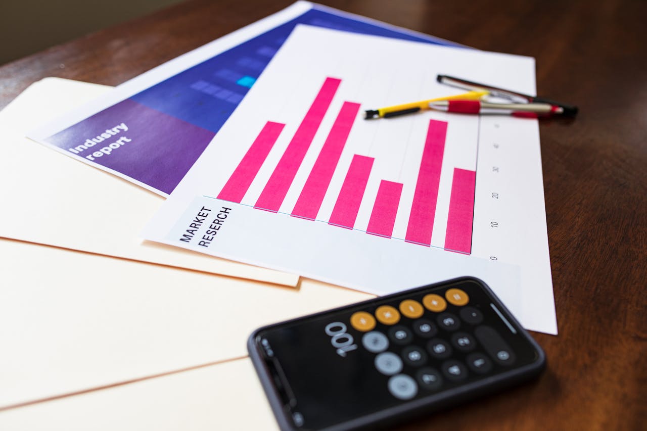 home-services-004 Illustrative market research chart and calculator on wooden desk for business analysis.